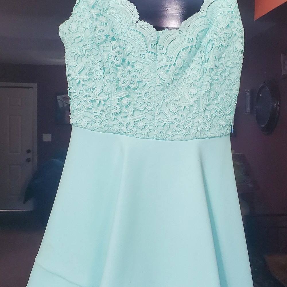 Aqua blue mini dress.